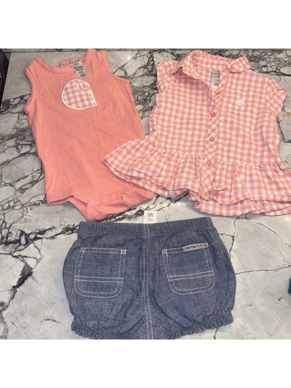 Carhartt Baby Girls 12 Months 3pc Pink Gingham Chambray Set Outfit